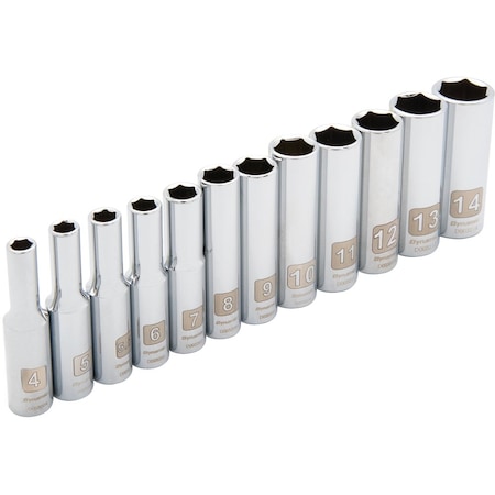 Dynamic Tools 1/4" Drive 12 Piece 6 Point, Deep Metric Socket Set, 4mm - 14mm D004003